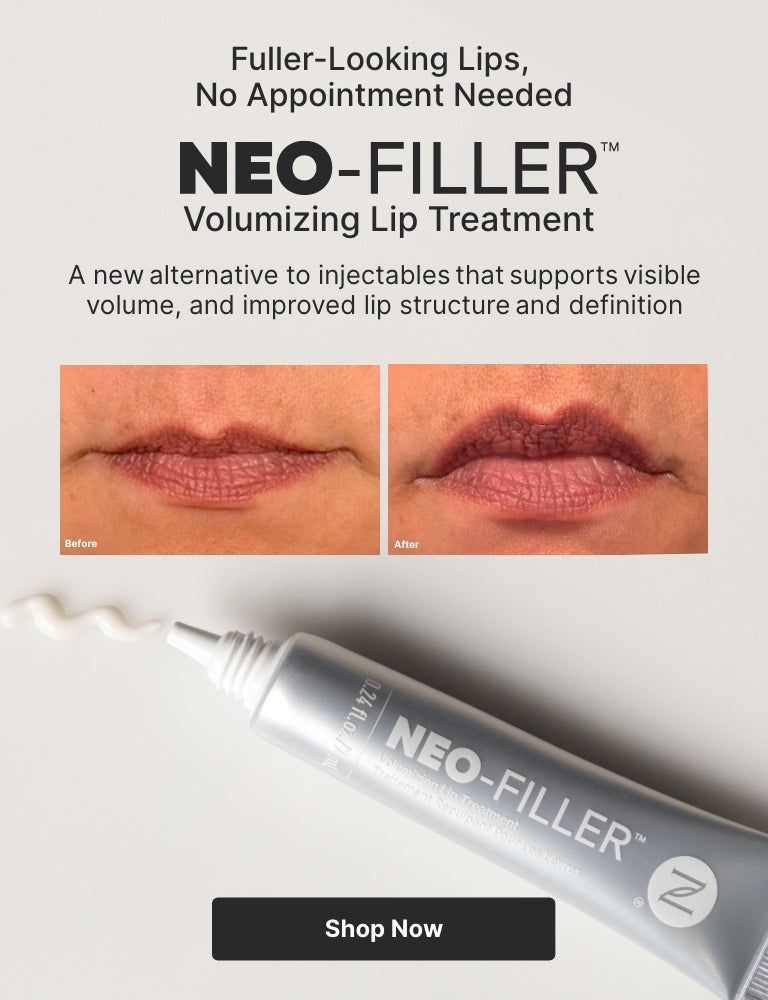 Introductory discount: 50% Off Neo-FILLER Volumizing Lip Treatment with any Neo-FILLER or Neo-FILLER Set purchase. Featured is a woman applying Neo-FILLER Volumizing Lip Treatment on her lips.